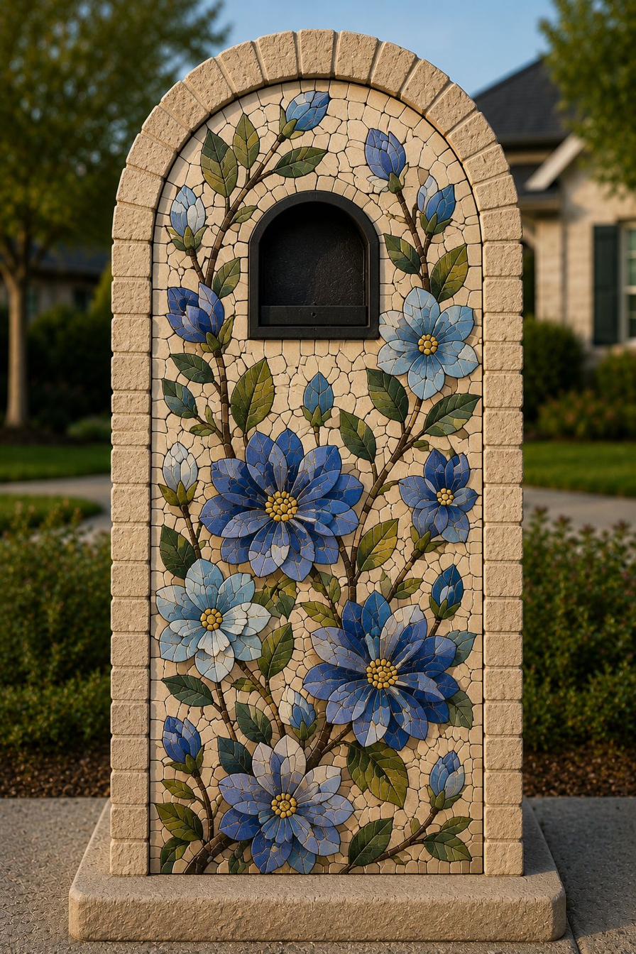 Blue Clematis Garden — arched mosaic mailbox