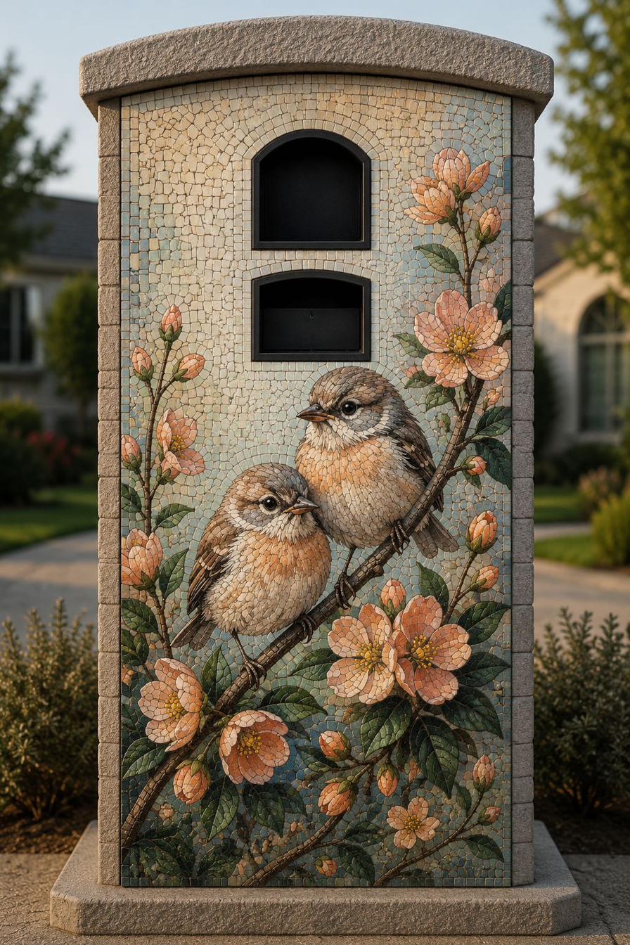Peach Blossom Sparrows — mosaic mailbox design