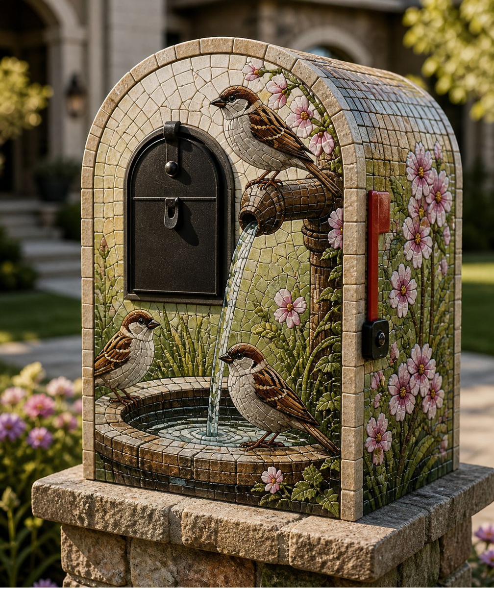Garden Sparrows at Birdbath — installed mosaic mailbox