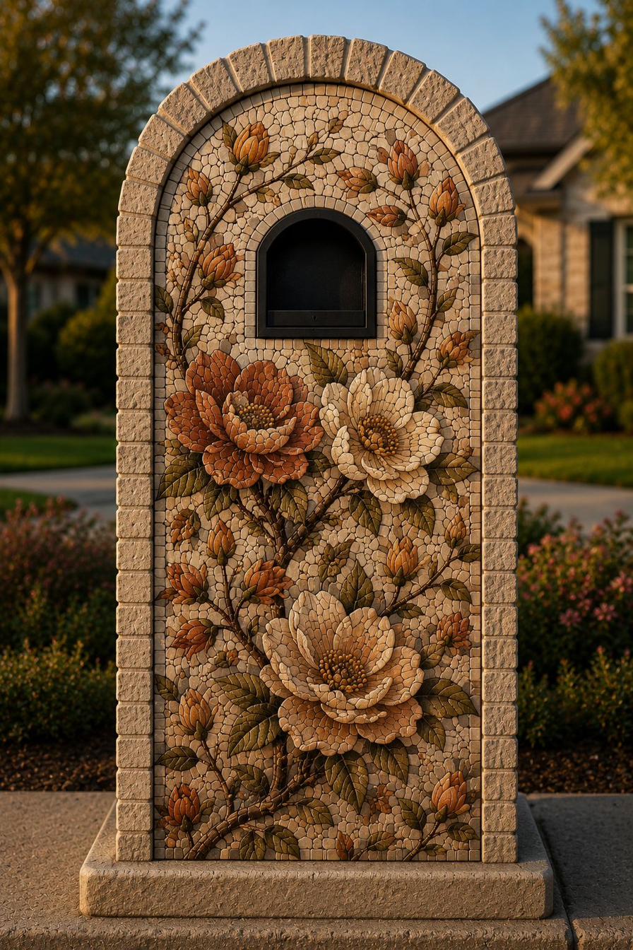 Autumn Magnolia — earth-tone mosaic mailbox